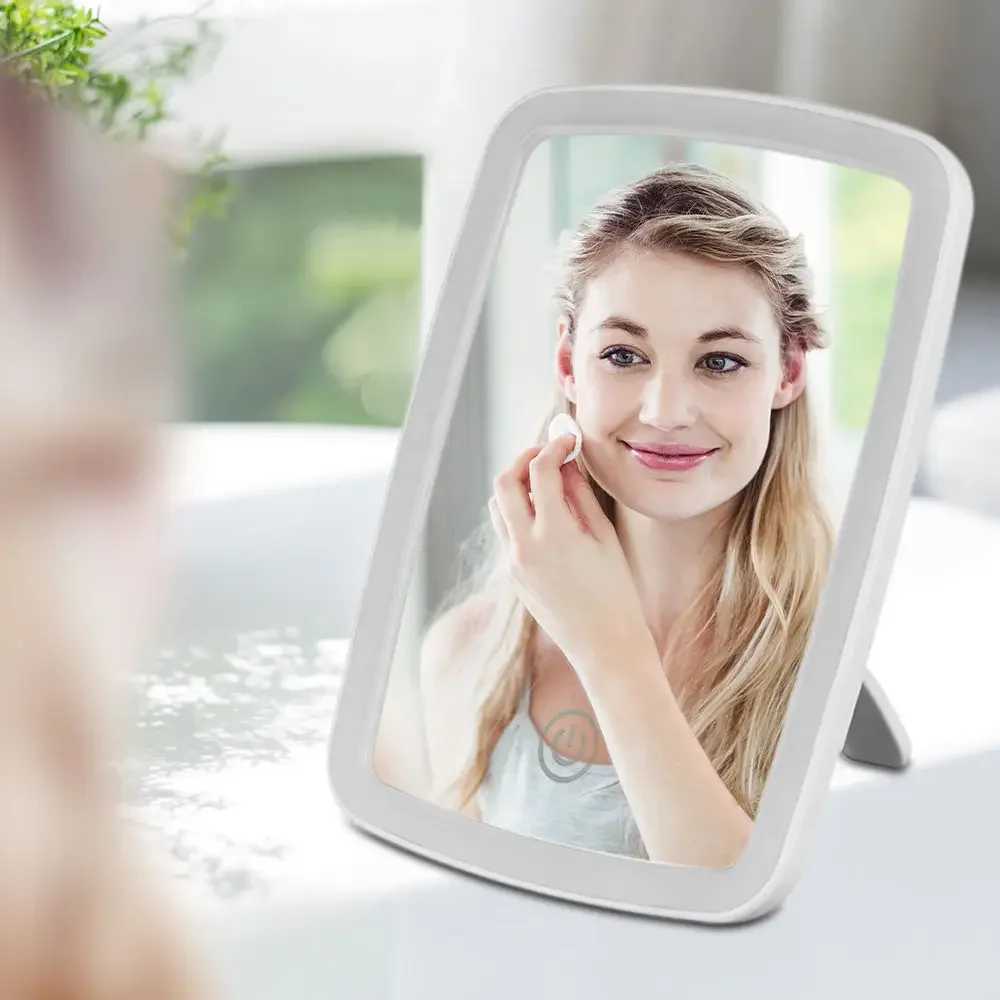 LED makeup mini mirror with stand desktop folding compact white square travel makeup mirror with light dry battery and USB plugXJ241213