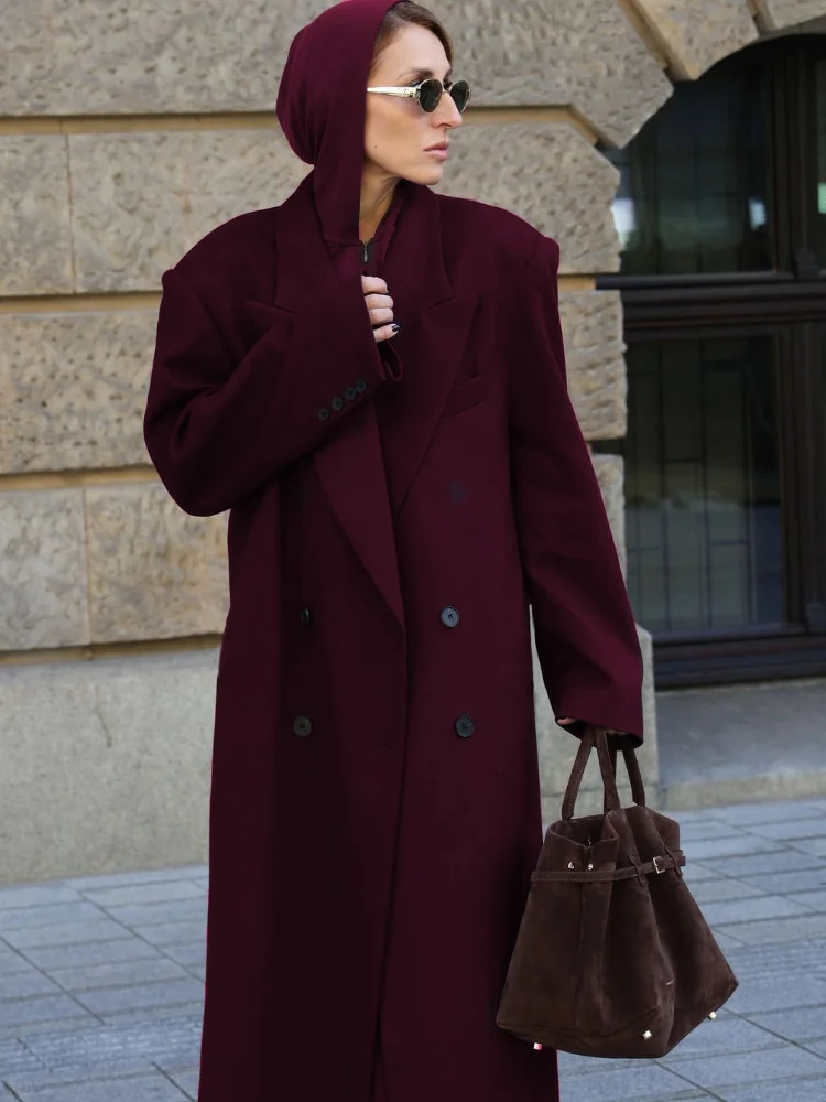 Elegant Burgundy Doublebreasted Woolen Long Coat Women With Pockets Full Sleeves Overcoats Autumn Lady High Street Outwear 241213