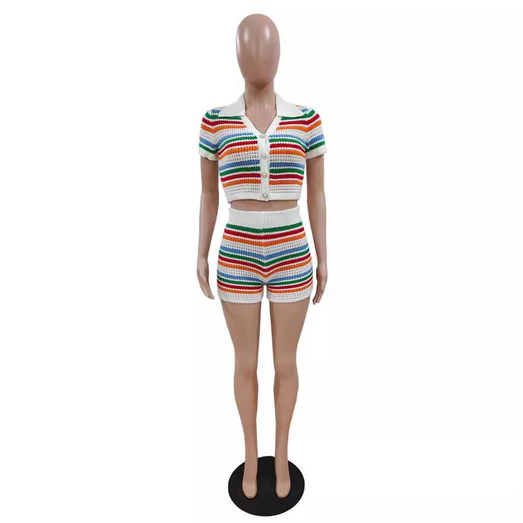 Women's Two Piece Pants 2 Pieces Set Sexy Fashion Knitting Women Set 2024 Spring Summer Female Stripe Short Slve Tops And Elastic Waist Shorts Su