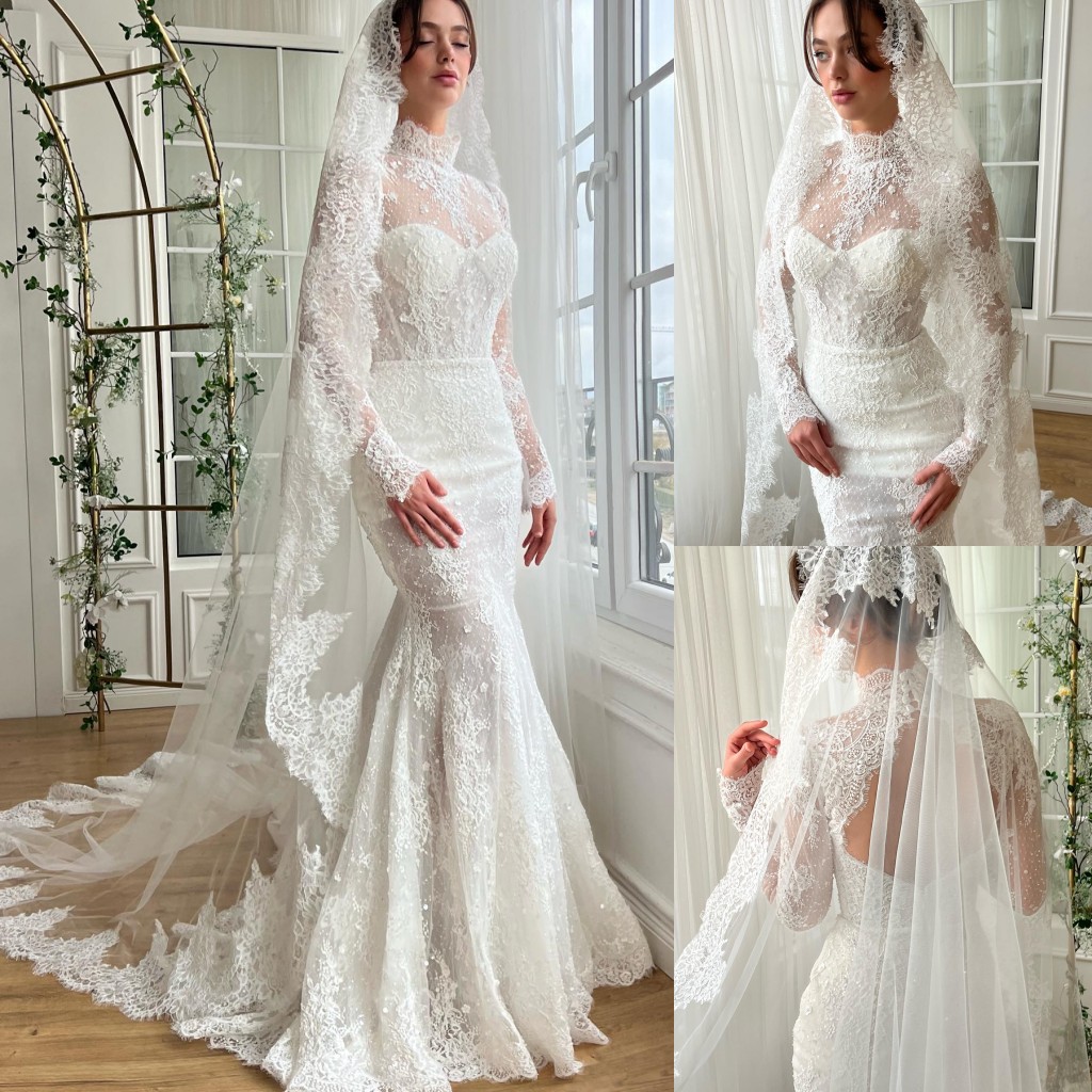 Lace Mermaid Beaded Wedding Dresses With Long Sleeves Backless Bridal Gowns High Necke Sweep Train Vestido De Novia