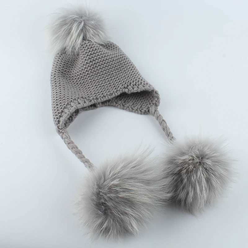 Winter Baby Beanie Hat Children Earflap Cap Kids 3 Pompom Fur Wool Hat Natural Real Fur Pom Hat For Girls BoysXJ241213