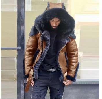 Men's Faux Leather And Plush Thickened Fur One-Piece Short Zipper Hooded Men's Coat