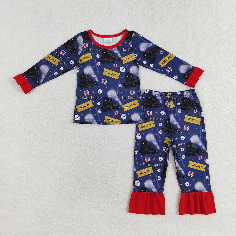 New fashion baby girl boy Christmas train navy blue long sleeved pajamas set jumpsuit wholesale boutique childrens clothing RTS W241213