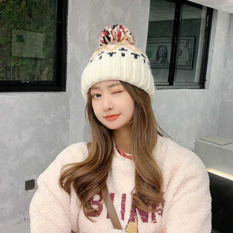 2024 Cute Print Embroidery Beanies Hats for Women Men Winter Wool Warm Fur Pompom Baggy Knit Hat Bonnet CapsXJ241213