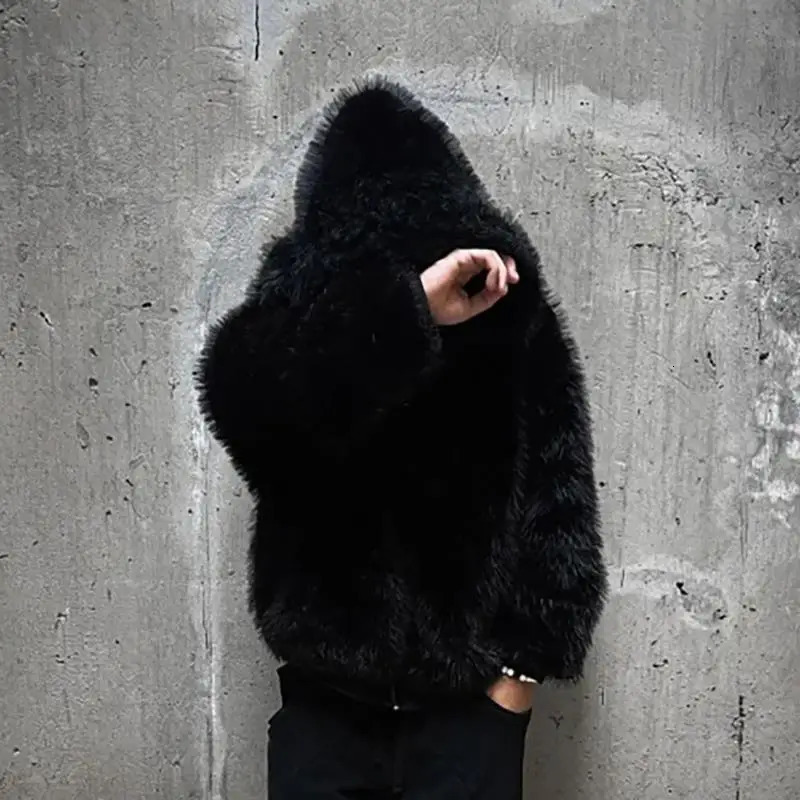 Y2k Men Punk Gothic Hip Hop Graphic Solid Color Faux Fur Collar Hoodies Clothes Casual Price Fashion Aesthetic Streetwear 241212