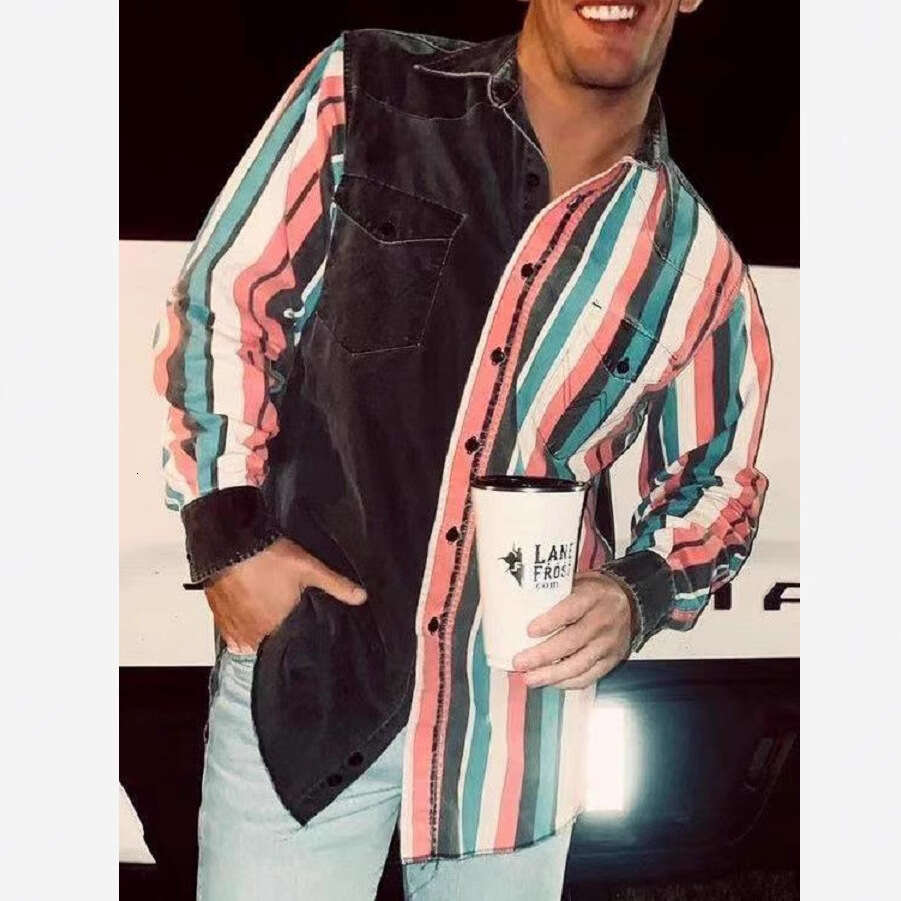 Western Style Colorful Striped European American Sleeved Men's Long Customized Foreign Trade Shirt, Trendy Clothing, Fashionable And Casual Tempe