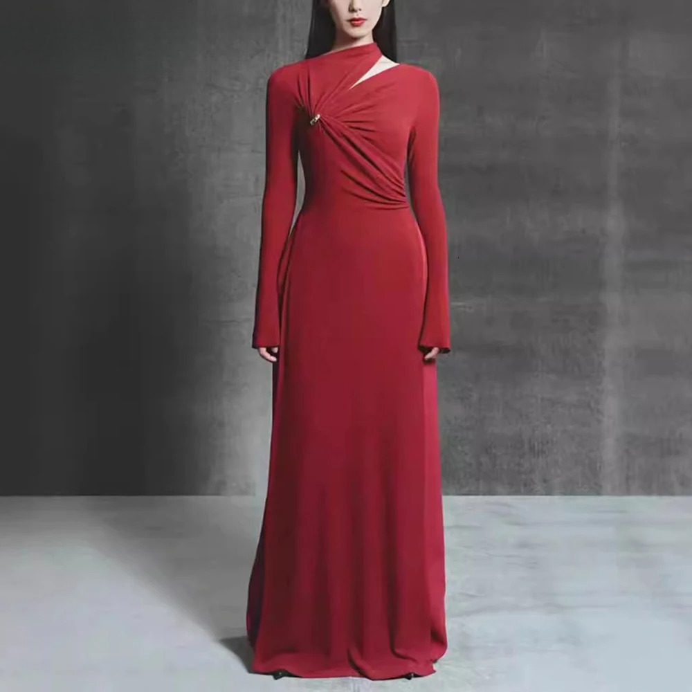 Solid Spliced Folds Elegant Dresses For Women O Neck Long Sleeve High Waist Slimmming Chic Temperament Dress Female