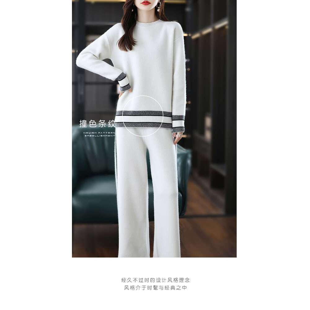 Ladies Suits 100% Merino Wool Women's O-Neck Pullover Autumn/Winter New Fashion Color Matching Casual Two-Piece Suit Female