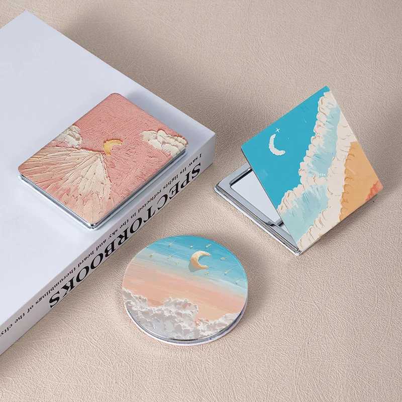 Portable Cosmetic Mirror Small Oil Painting Style Portable Foldable Double-sided Mirror Hand-held Compact Mirror TravelXJ241213