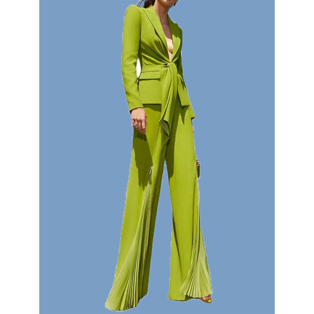 Ladies' Suit HIGH QUALITY Newest Fashion Designer Suit Women's Lacing Belt Blazer Pleated Zip Pants 2Pcs Set