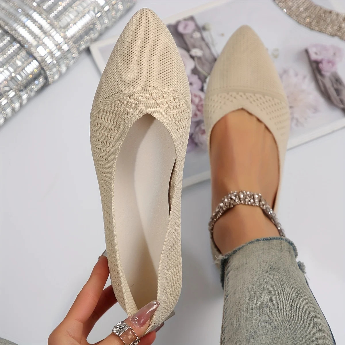 Womens Pointed Toe Flat Shoes Solid Color Knitted Sliding Womens Shoes Casual Breathable Ballet Womens Flat Shoes 241213