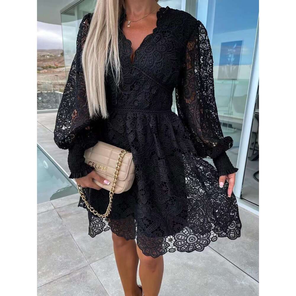 European And American Style Commuting V-Neck Sexy Hollow Lace Dress, Fashionable Quality Classic