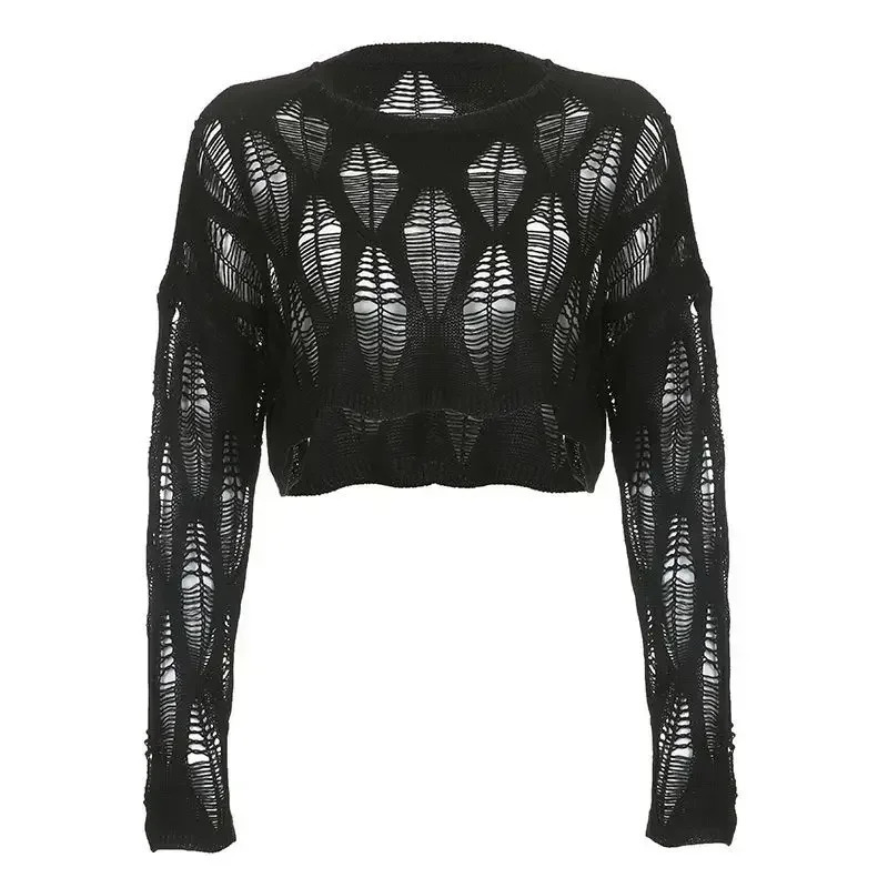 Vintage Hole Ripped Knitted Smock Tops Sexy Fashion Cropped Pullover Hollow Out Spring Autumn Sweater Knitwear 241203