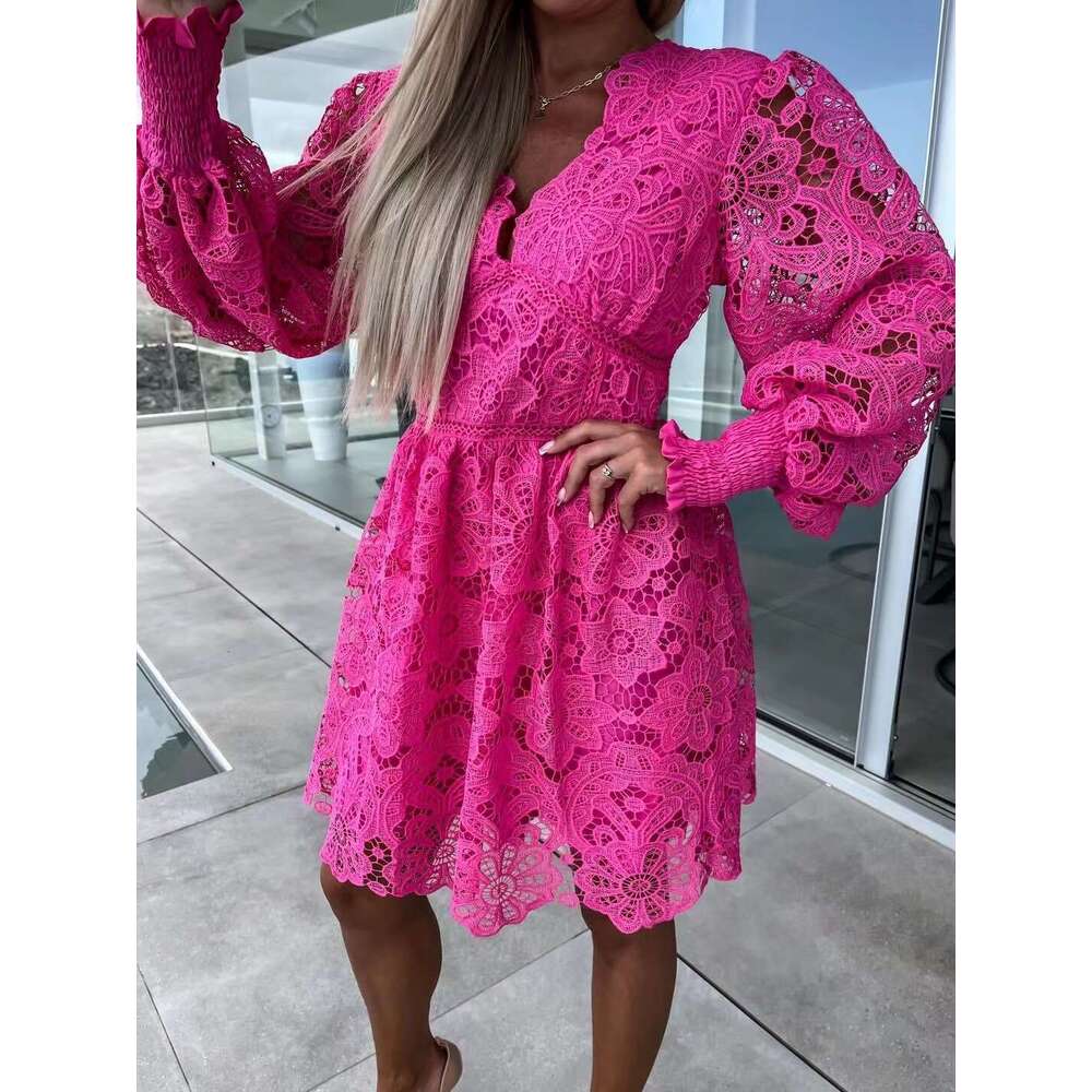 European And American Style Commuting V-Neck Sexy Hollow Lace Dress, Fashionable Quality Classic