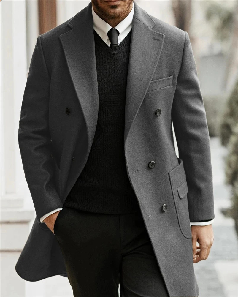 Classic Man Trench Coat Notched Lapel Full Terno Fashion Double Breasted Elegant Gentleman Long Mens Winter Jacket 241213