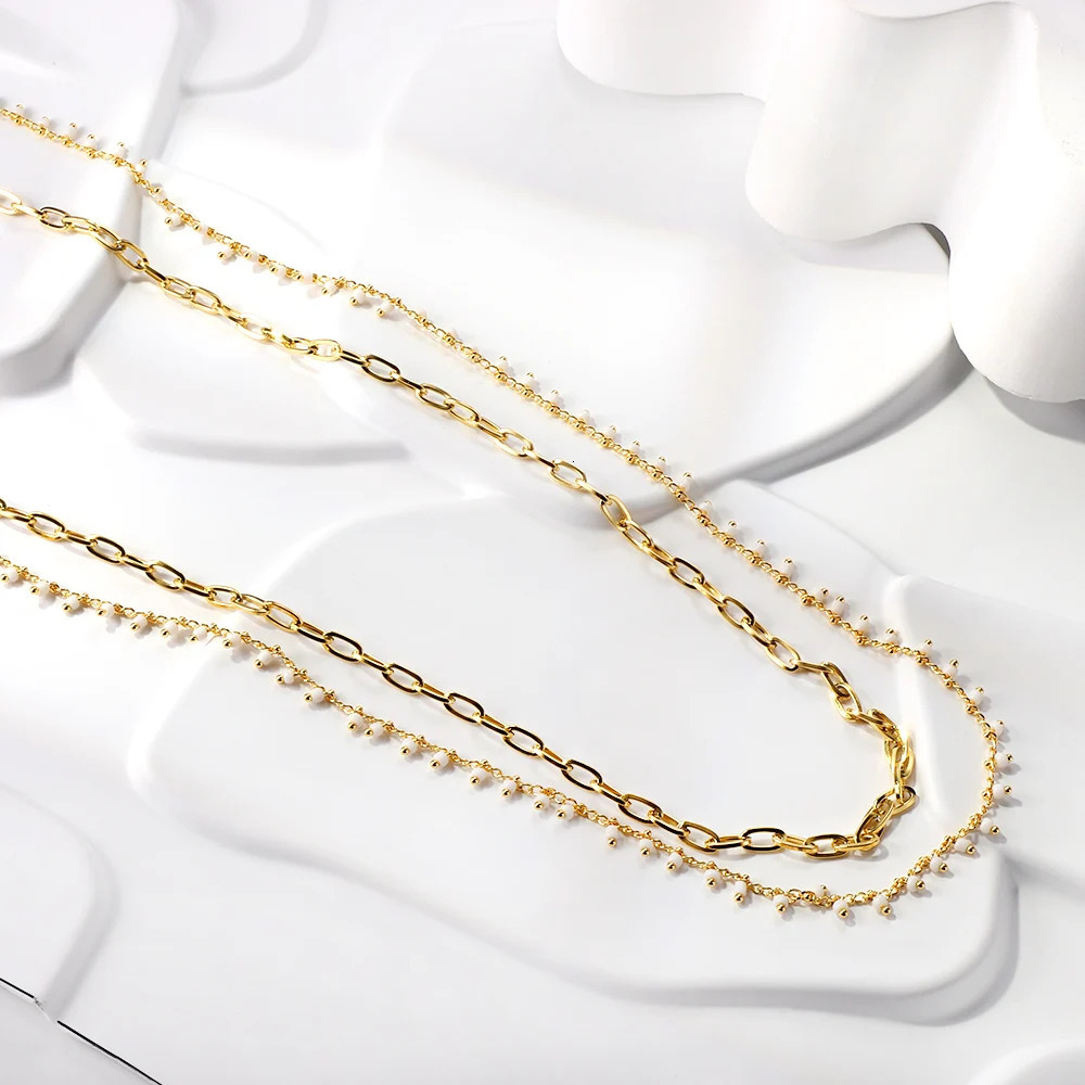 LUXUSTEEL Bohemian White Beads Belly Chains for Women Waist Stainless Steel Gold Plated Double Thin Chain Y2K Body Jewelry 241213
