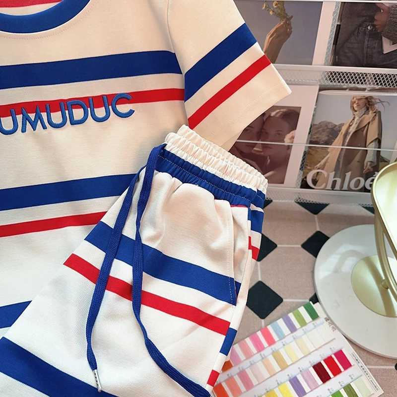 Women's Two Piece Pants Shorts Sets Loose Korean Style Short Slve Striped T-shirt and Lace-up Elastic Waist Pants Two Piece Sets Casual Women Clo