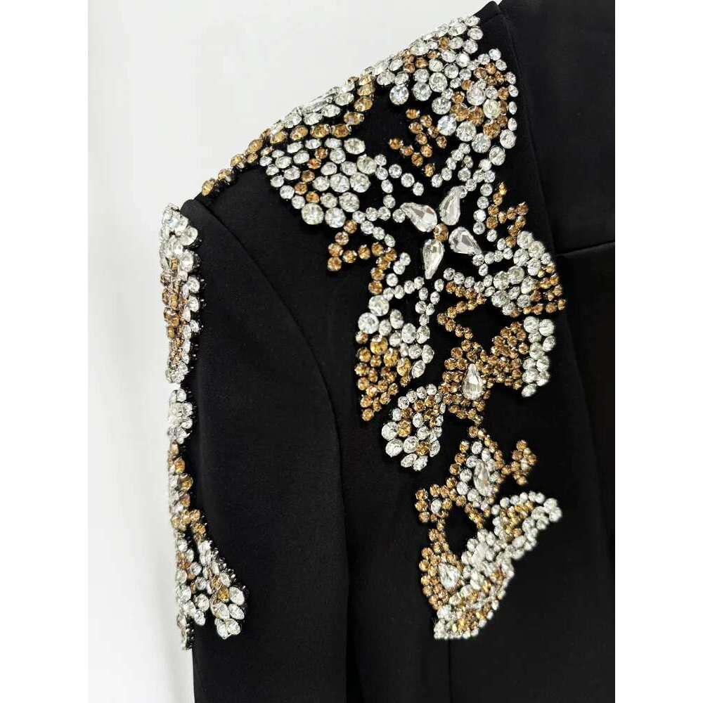 Ladies' Suit HIGH QUALITY Newest Designer Suit Women Beaded Dias Stand Collar Single Button Blazer Wide-Leg Pants Set 2Pcs