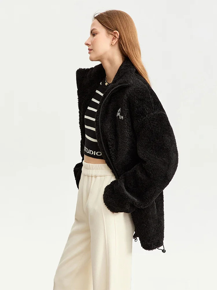 AMII Womens Jackets Lapel Lamb Wool Letter Embroidery Zipper Coat Loose Winter Outerwear Streetwear 12344278 241213