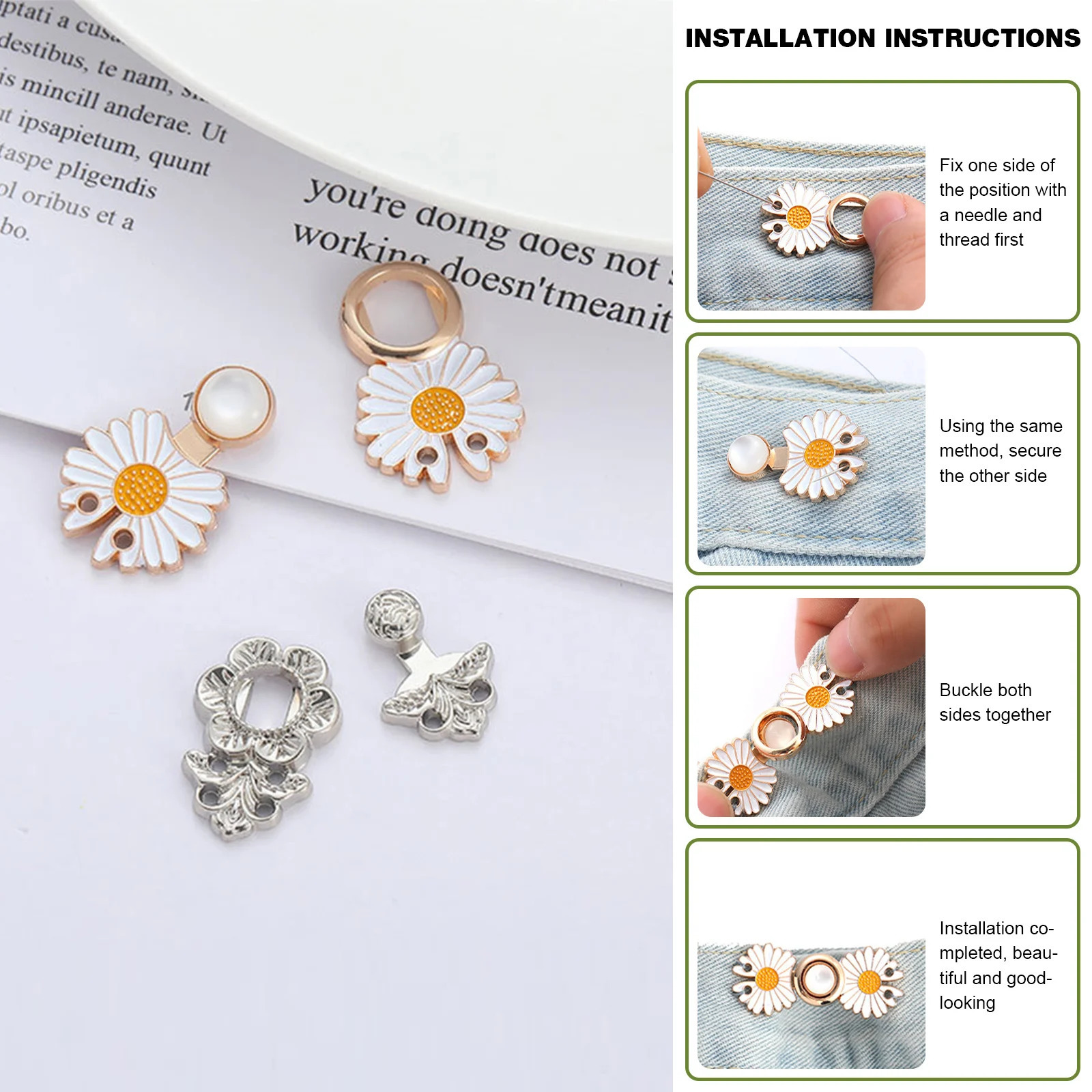 Daisy Flowers Alloy Pants Tight Waist Chest Buckle Pin Clip Adjustable Button Detachable 241210