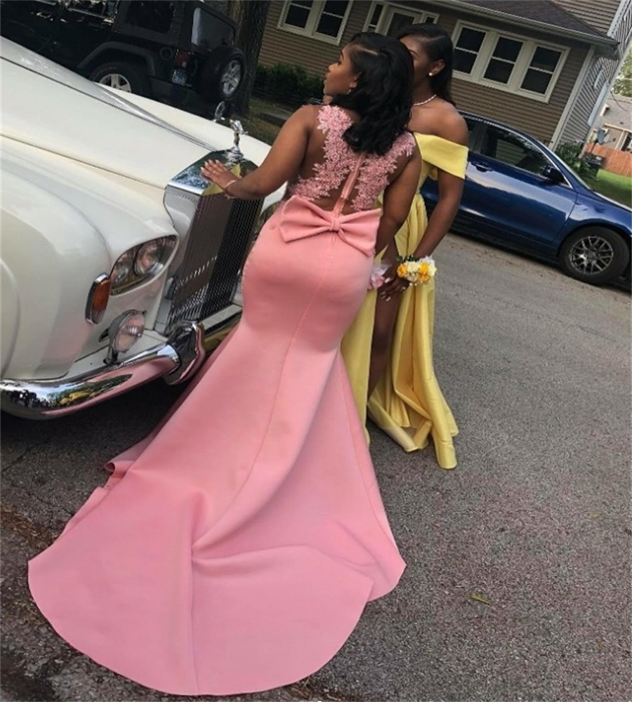 Charming Mermaid Evening Dress With Lace Elegant Plus Size Black Girls Pink Prom Dresses With Bow Gorgeous Formal Vestidos De Fiesta 2025 Sleeveless B