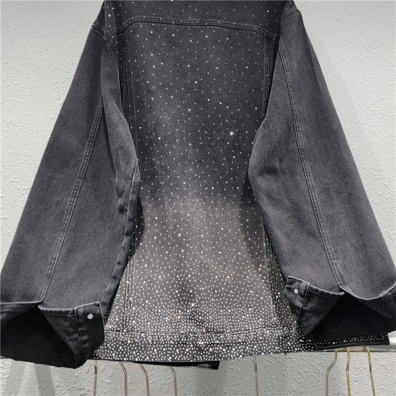 DEAT 2024 trend gradient heavy industrial diamond jacket womens long sleeved loose denim jacket womens 11A0615 241209