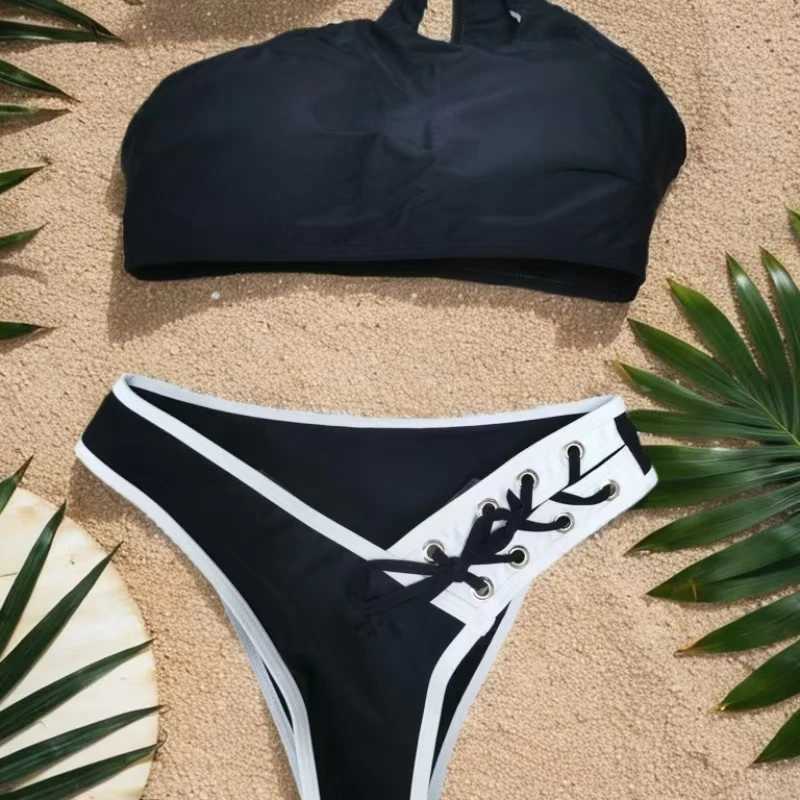 Sexy Swimsuit One-shoulder Black Bra High-waisted Bris Two-piece Split BikiniXJ241212