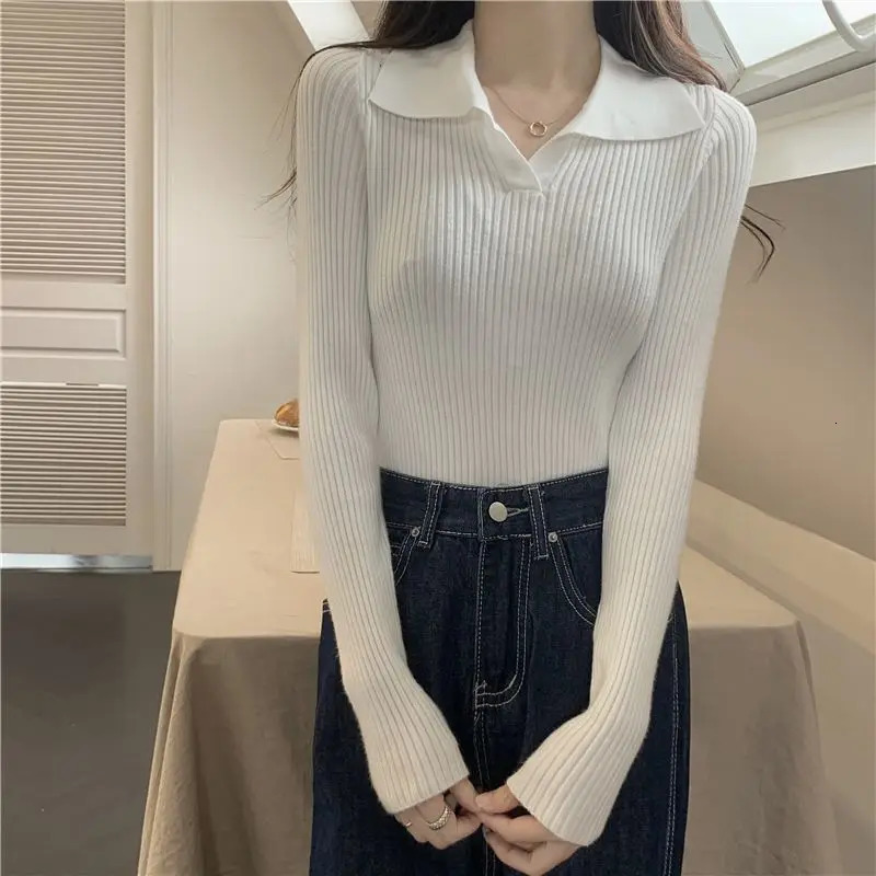 Autumn Winter Women Lapel Pullover Sweaters Basic Long Sleeve Knitted Sweater for Woman Solid Color Jersey Tops Clothes Mujer 241203