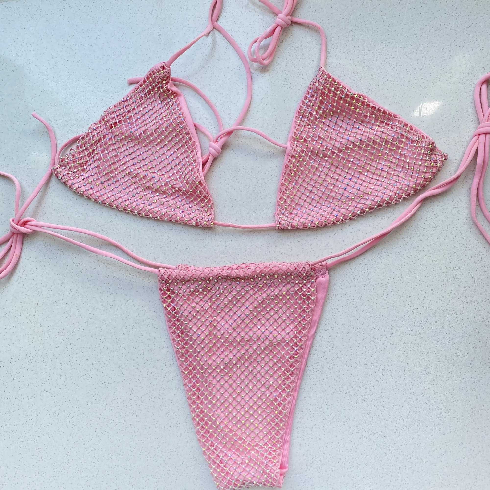 Women s Sexy Bikini Set Swimwear Luxury Bling Rhinestone Sliver Crystal Diamond Swimsuit Halter Push Up Bandage BeachwearXJ241212