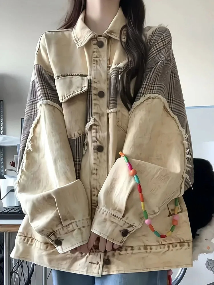 American retro denim jacket plain patch work student irregular edge casual loose autumn Harajuku Y2k streetwear womens clothing 241211