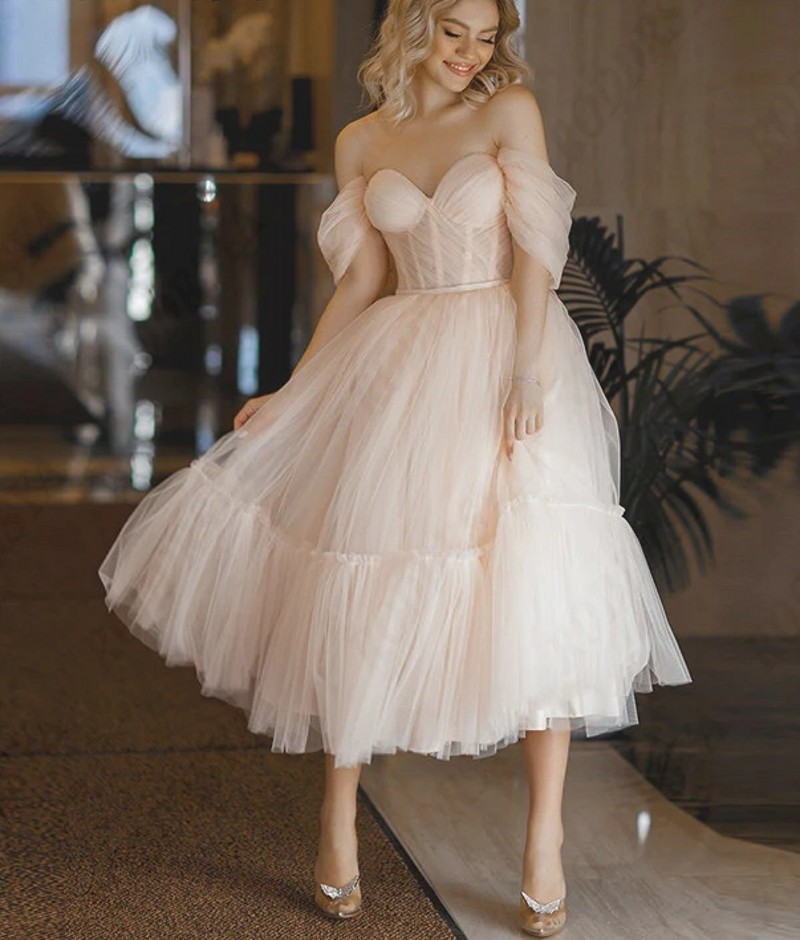 New Sweetheart Off Shoulder Wedding Dresses Beach Lace Up Backless Illusion Tulle Short Bridal Gowns Vestido De Novias Robe De Mariage