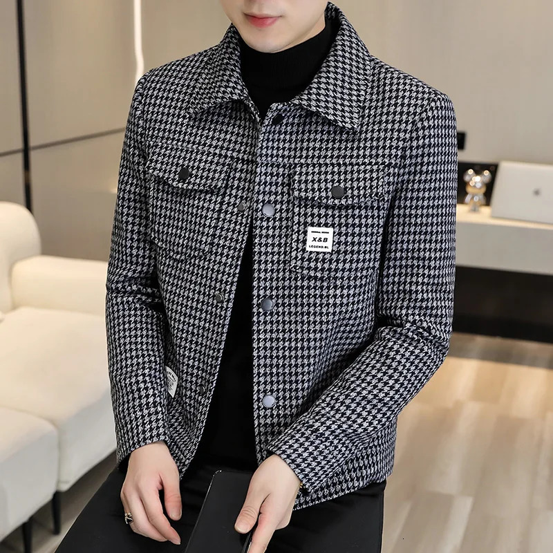 High Quality Plaid Woolen Jacket Men Autumn Winter Casual Business Short Trench Coat Social Overcoat Streetwear Windbreaker 241213