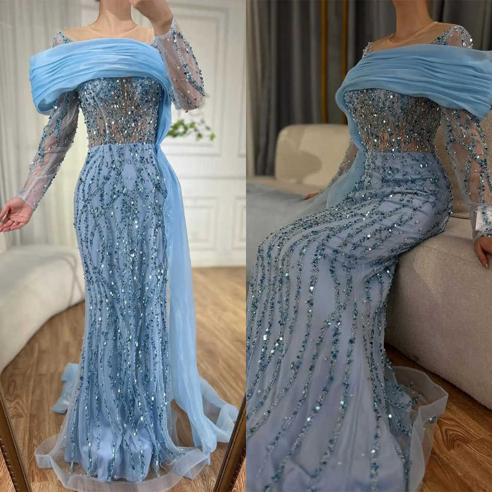 Classic Evening Dresses For Women Sheer Neck Long Sleeves Gown Sequins Prom Party Sweep Train Customized Dress