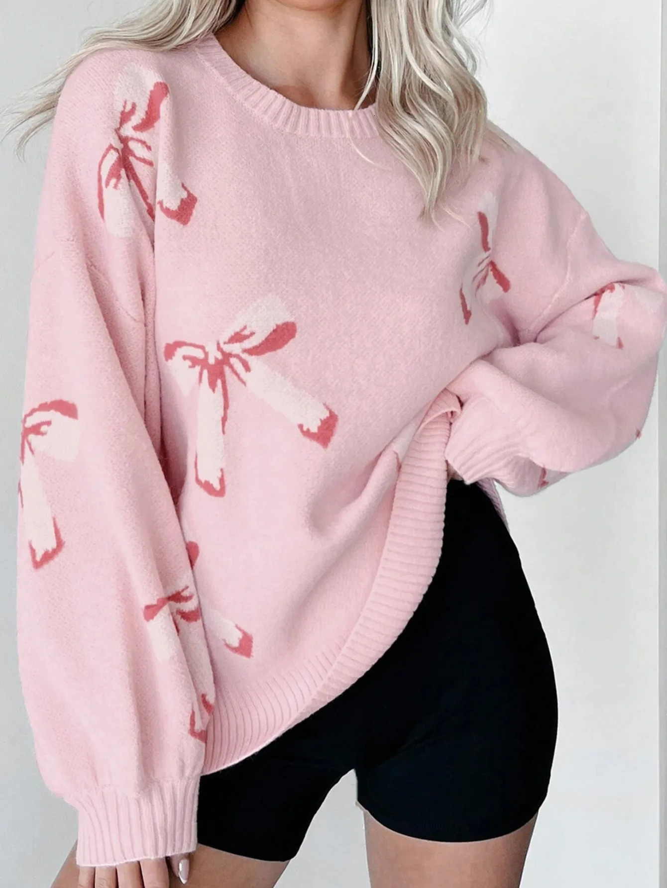 Trendy Womens Sweater 2024 Autumn Winter Oneck Long Sleeve Bow Pattern Loose Lovely Pullover Knitted Woman Top 241203