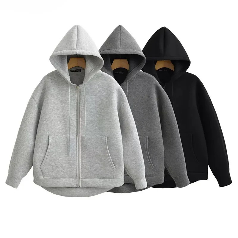 Winter Womens Zipper Hoodie High Street Unisex Double Pocket Oversized Loose Sweater Top 241211