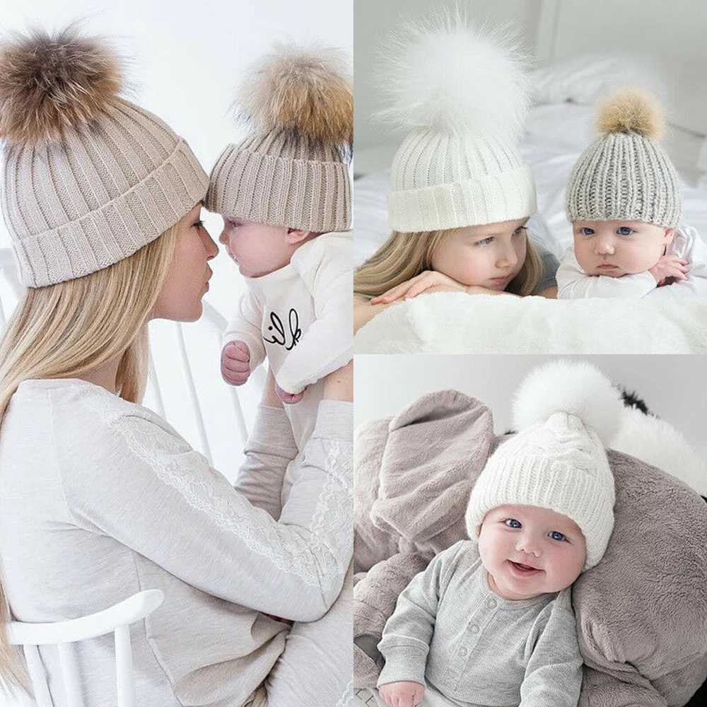 Mom and Baby Winter Wool Knitted Cap Beanie Hats Mother Boys Girls Pom Beanie CapsXJ241213