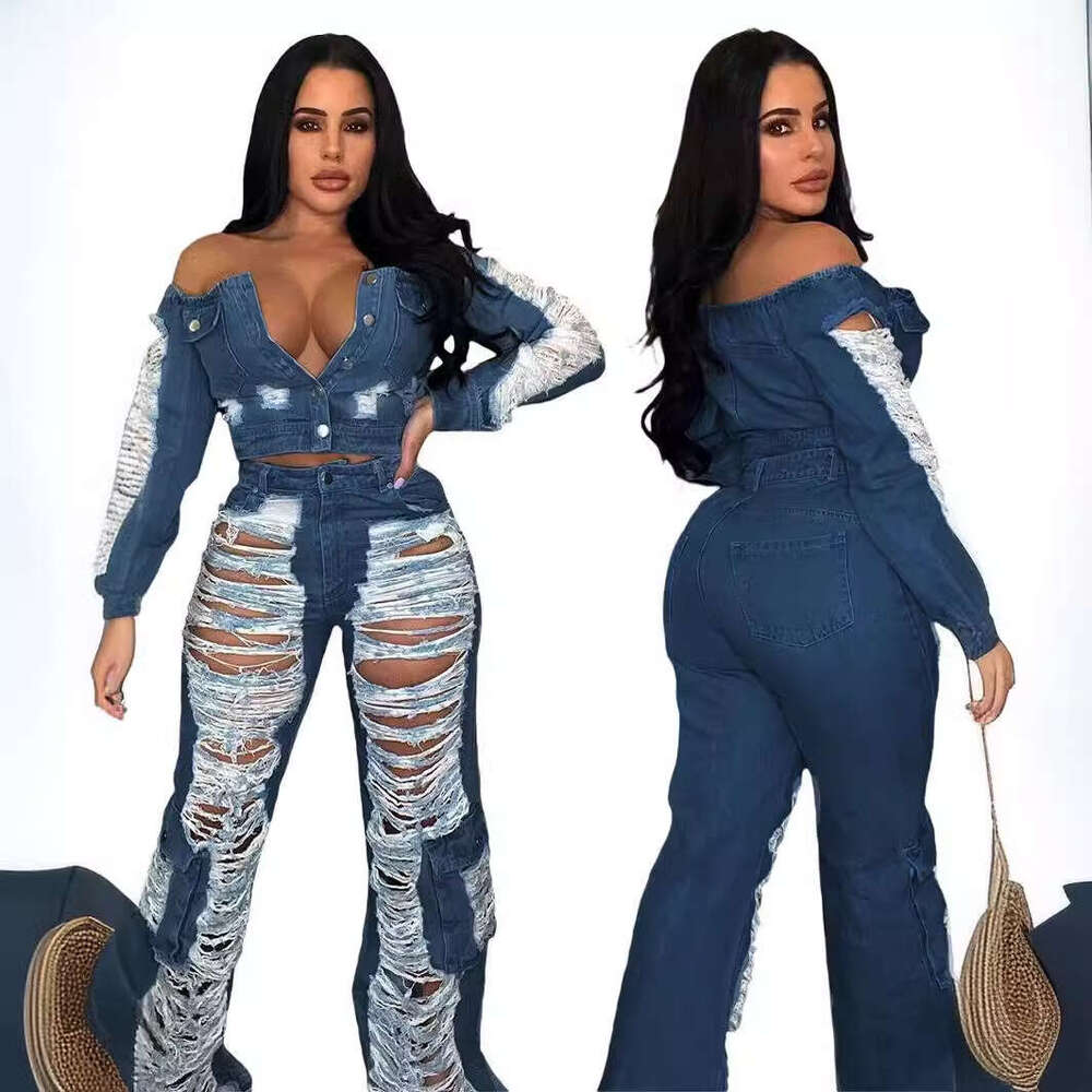 Summer European And American Women's Clothing New Fashion Casual Pocket Hole Straight Leg Pants Jeans