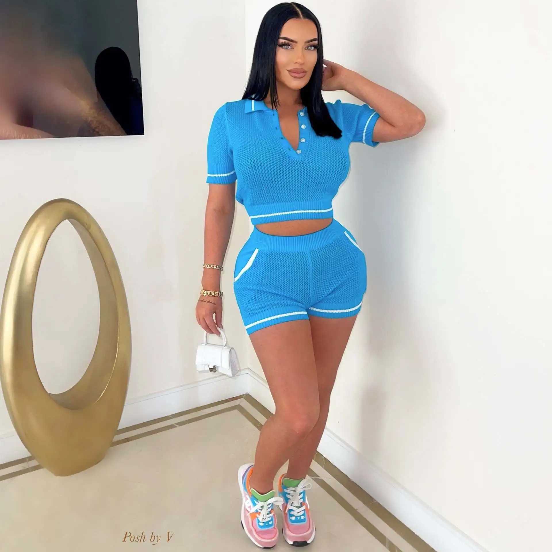 Women's Two Piece Pants Knit Ribbed Crochet 2 Piece Set Womens Short Slve Top and Shorts Matching Strtwear Stretch Outfits Y241213JISX
