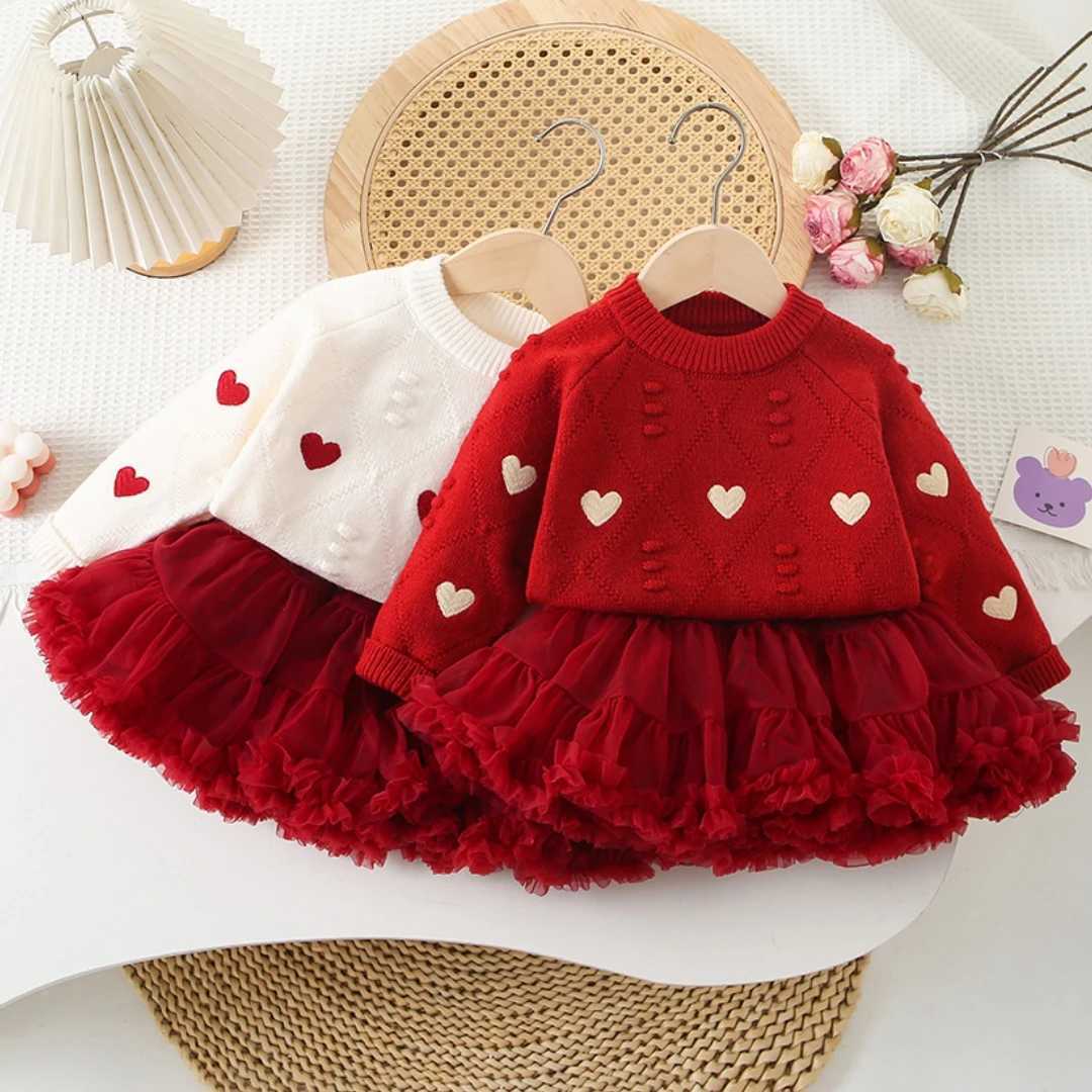 Cute Girl Christmas Set Winter Long Sleeve Embroidered Knitted Sweater with Tutu Ski Baby 2-6 Years Happy New Year Costume W241213