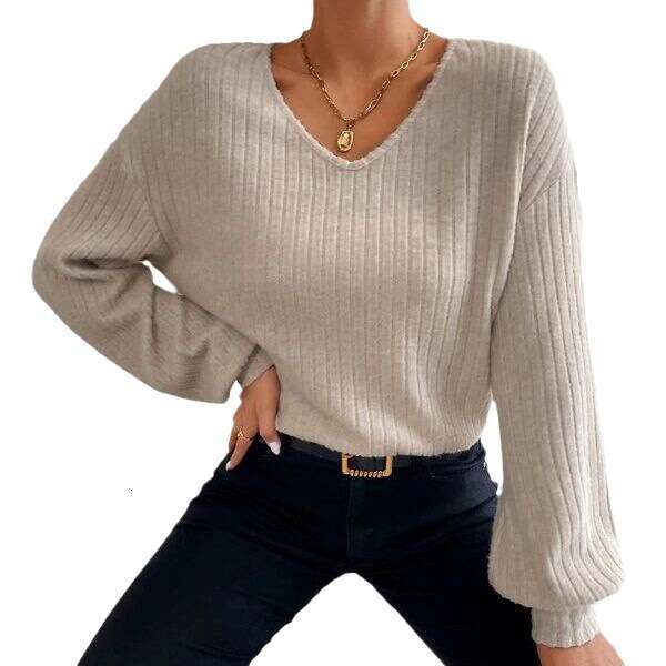 2023 Autumn New Loose Knitted Shirt European and American Style V-neck Falg Shoulder Lantern Sleeve T Women