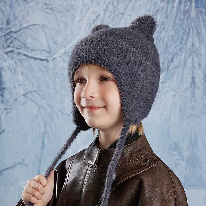 New Children Hats Cute Cat Ear Knitted Wool Hat Winter Boys Girls Babies Ear Protection Hoods Fashion Outdoor Warm Colorful CapsXJ241213
