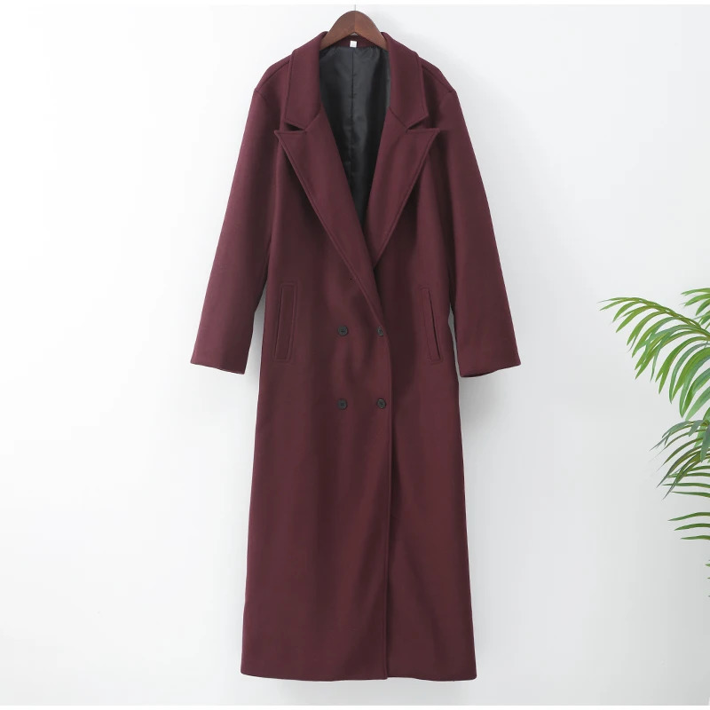 Women Burgundy Red Color Lapel Long Coat Elegant Chic Double Breasted Sleeve Overcoats Autumn Oversize Casual Streetwear 241213