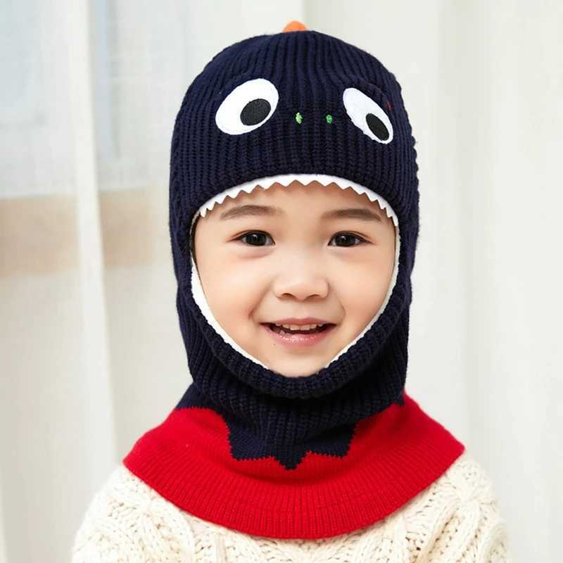 Cute Kids Dinosaur Winter Knit Hat Baby Toddler Thick Scarf Earflap Hood Scarves CapsXJ241213