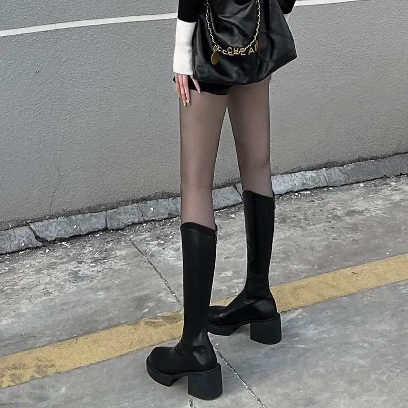 2024 Fashion Womens Shoes Soft Leather Knee High Boots Womens Zipper Womens Square High Heels Womens Autumn Knight Boots D63 241213
