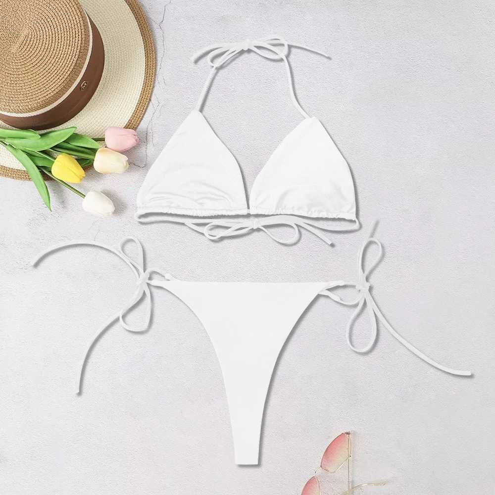 2024 New Womens Solid-color Separate Beach Wear Sexy Halter Three-point Bikini ss Adjustab Lace-up SwimsuitXJ241212