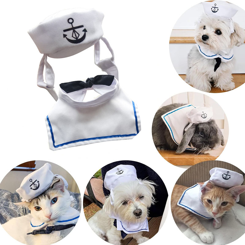 Pet Sailor Costume for Cats Small Dogs Halloween Cat Sailor Hat with Tie Collar Doggy Navy Outfit Cosplay Apparel