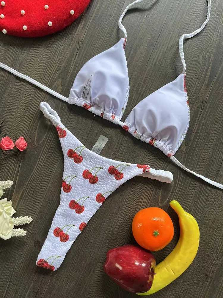 Swimwear Women Cute Cherry Print Brazilian Thong Bikini Set Sexy Thong Swimsuit Two Pieces Bathing Suit Women 2023 Beach WearXJ241212