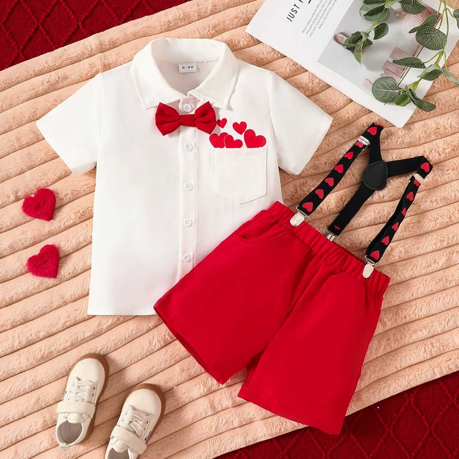 Valentines Day Boys Clothing Set Tie Collar T-shirt and Red Top 2-piece Boys Clothing Set Fashion Set W241213