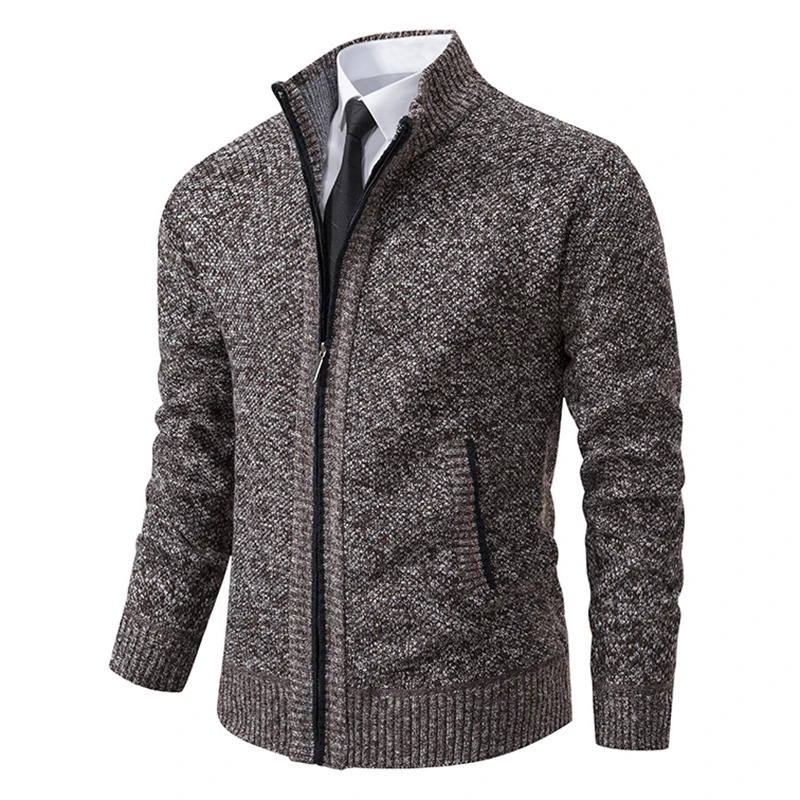 Winter Mens Casual Knitted Cardigan Sweater Stand Collar Fleece Jacket Solid Color Fashion Warm Zipper Coat clothing 241213