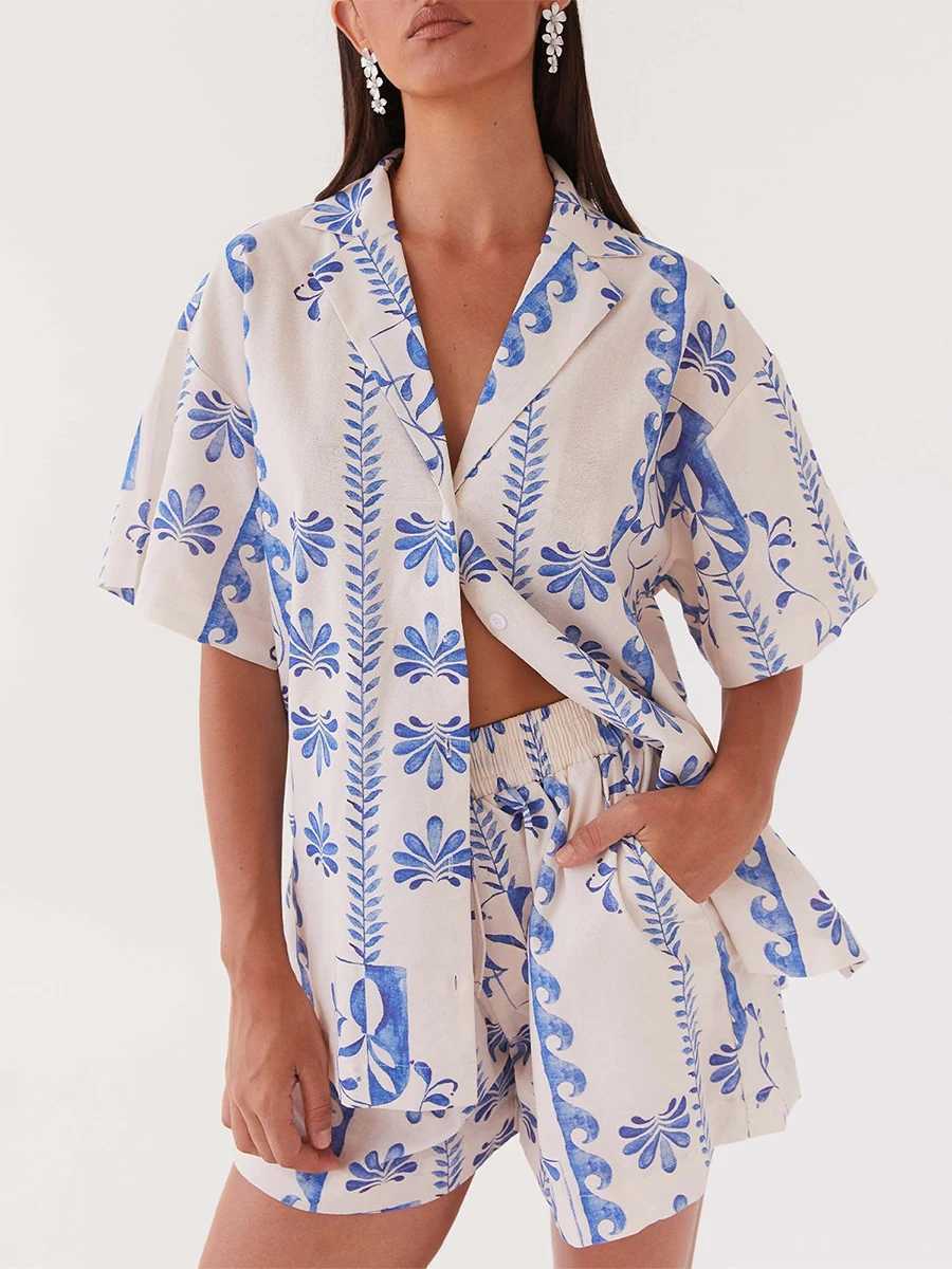 Women's Two Piece Pants Printed Shirts Two Piece Pajama Set Women Short Slve Lapel Shirts High Waist Short Suit Home Wear Outfits Boho Beachwear 